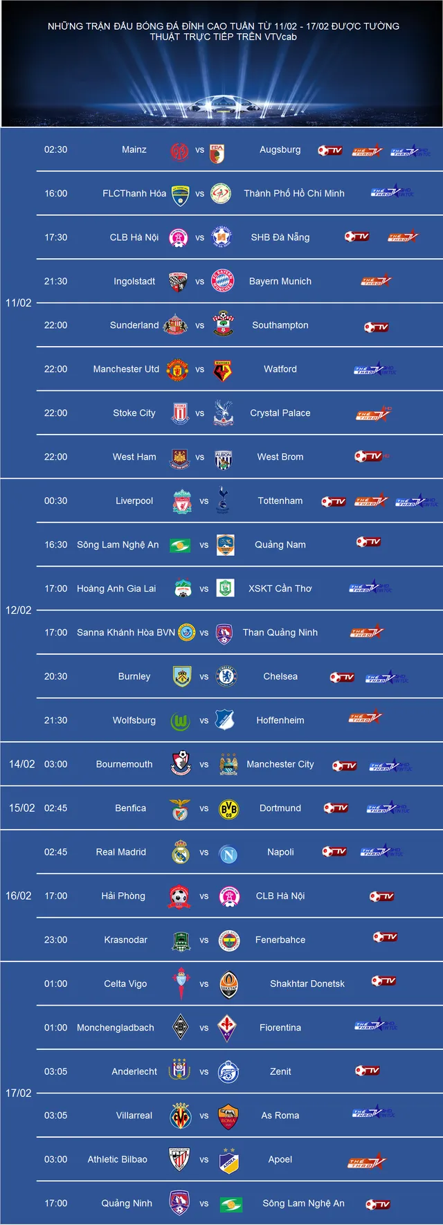 Lịch tường thuật trực tiếp bóng đá trên VTVcab từ 11/2-17/2: Champions League trở lại! - Ảnh 1.