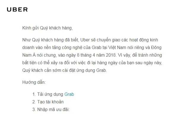 Uber gửi thư chia tay khách hàng Việt - Ảnh 1.