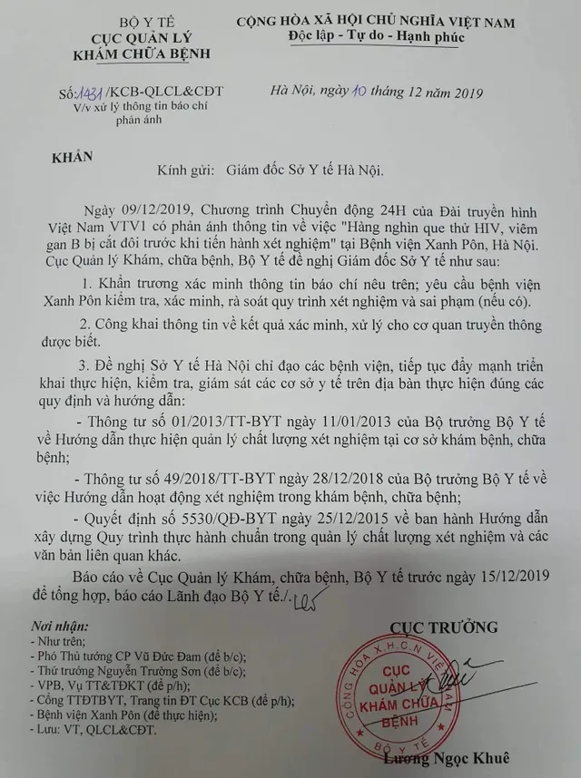 Bộ Y tế vào cuộc vụ gian lận xét nghiệm HIV tại Bệnh viện đa khoa Xanh Pôn - Ảnh 1.