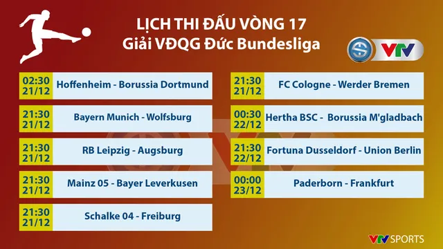 Lịch thi đấu, BXH Vòng 17 Bundesliga: Hoffenheim - Dortmund, Bayern - Wolfsburg... - Ảnh 1.