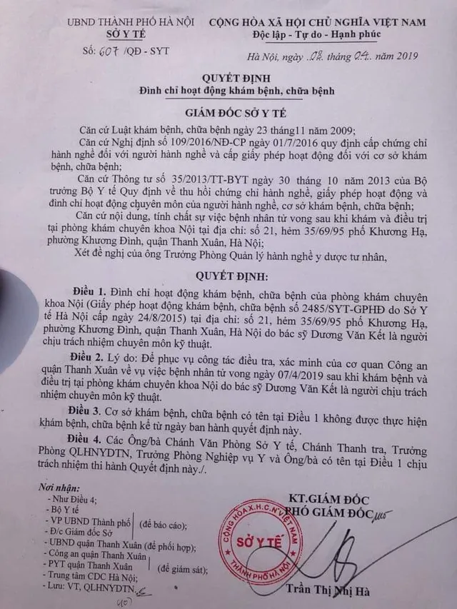 Đình chỉ hoạt động phòng khám tư nơi có bệnh nhân tử vong sau truyền dịch - Ảnh 1.