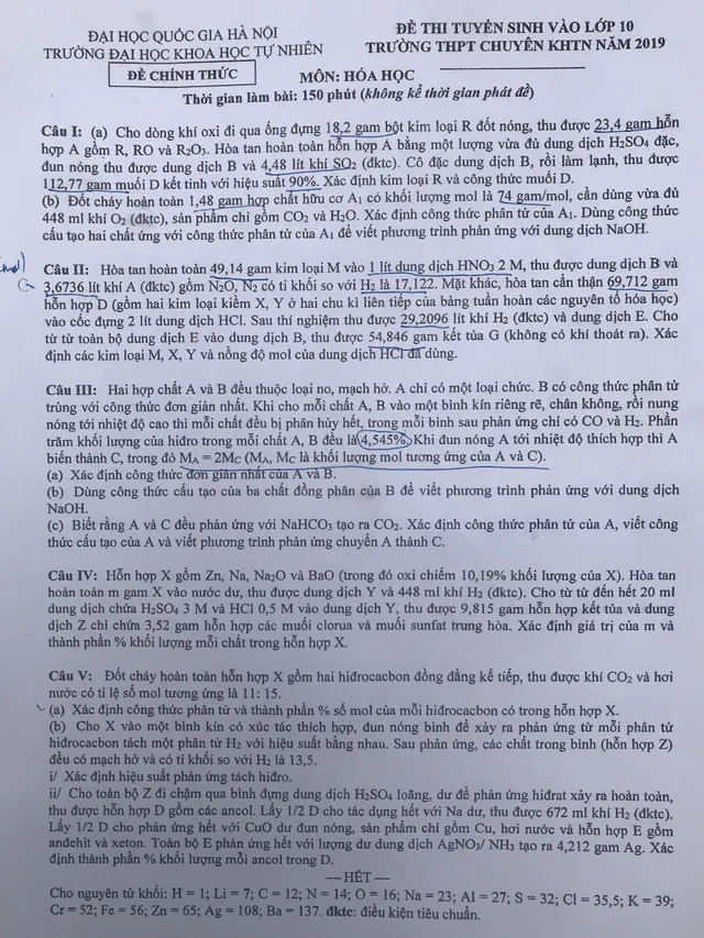 Đề thi Hóa Học vào lớp 10 chuyên KHTN 2019 đáp ứng yêu cầu chọn học sinh giỏi - Ảnh 1.