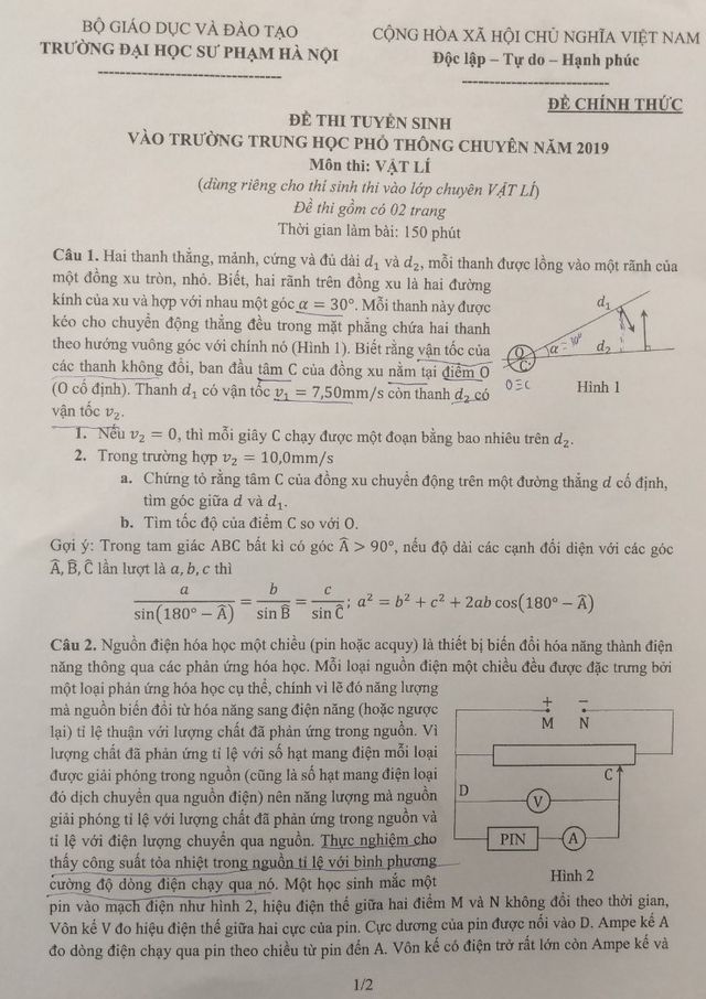 Đề thi Vật Lý lớp 10 Chuyên ĐH Sư phạm 2019 khó và khác lạ - Ảnh 1.