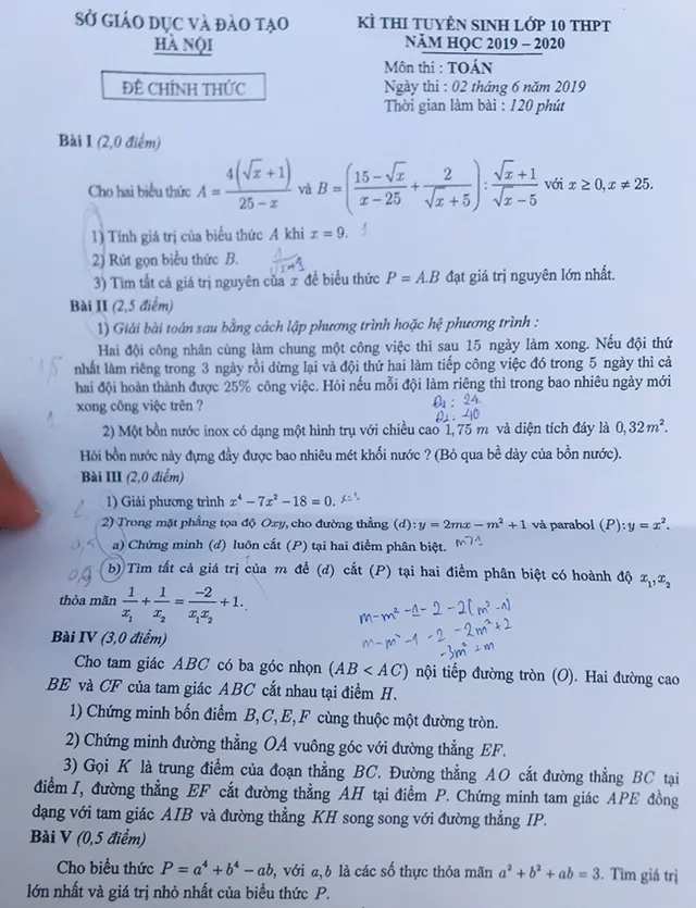 Hướng dẫn giải đề thi tuyển sinh vào lớp 10 môn Toán năm 2019 tại Hà Nội - Ảnh 1.