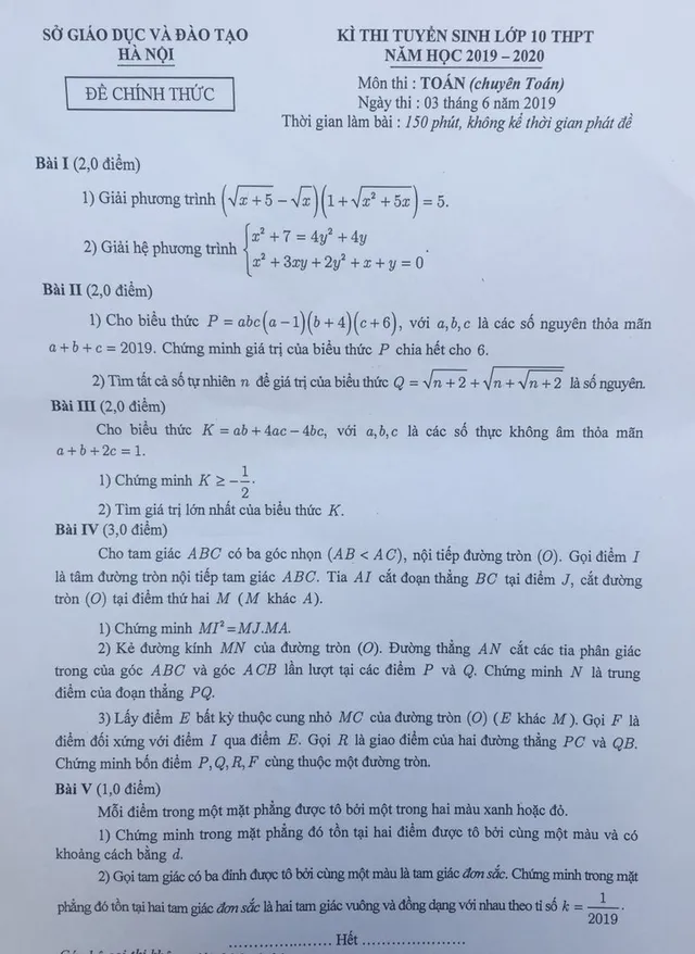 Đề thi Toán vào lớp 10 chuyên năm 2019 tại Hà Nội có tính phân loại cao - Ảnh 1.