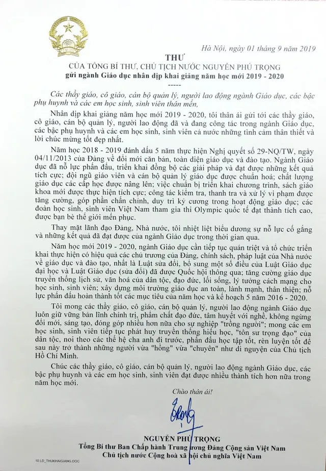 Tổng Bí thư, Chủ tịch nước Nguyễn Phú Trọng gửi thư dịp khai giảng năm học 2019-2020 - Ảnh 1.