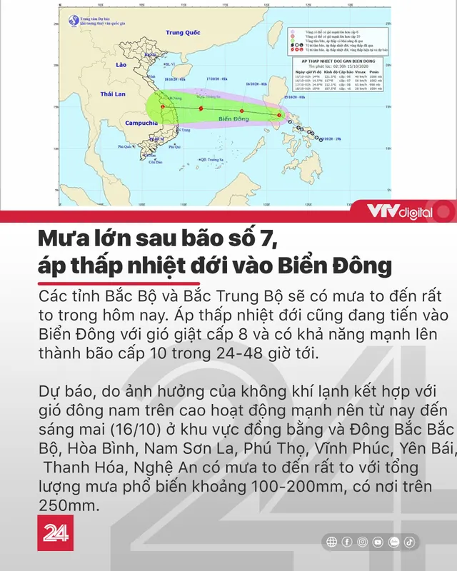 Tin nóng đầu ngày 15/10: Mưa lớn sau bão số 7, áp thấp nhiệt đới vào Biển Đông - Ảnh 1.