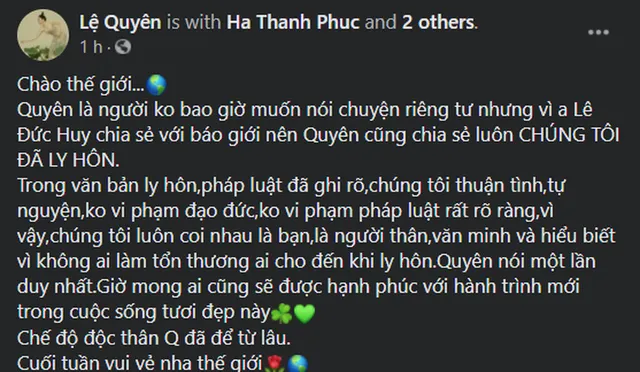 Sau ly hôn, Lệ Quyên vẫn coi chồng là người thân - Ảnh 1.