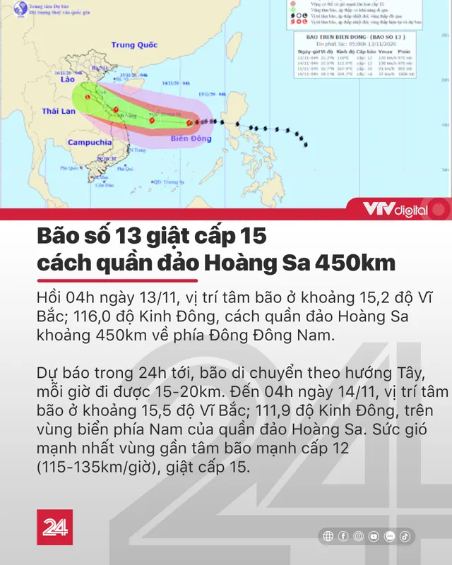 Tin nóng đầu ngày 13/11: Bão số 13 giật cấp 15 hướng vào Hoàng Sa - Ảnh 1.