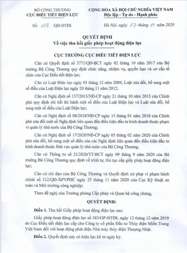 Bộ Công Thương thu hồi giấy phép hoạt động của thủy điện Thượng Nhật - Ảnh 2.