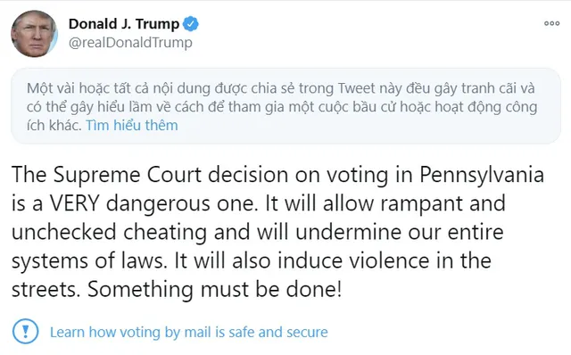 Twitter gắn nhãn và hạn chế bài đăng của ông Trump về việc bỏ phiếu ở Pennsylvania - Ảnh 1.