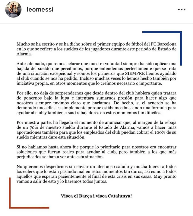 Messi gửi tâm thư giải thích chuyện bị giảm 70% lương trong mùa dịch COVID-19 - Ảnh 1.