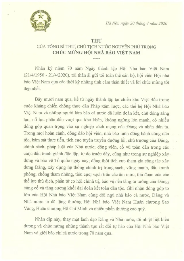 Thư chúc mừng của Tổng Bí thư, Chủ tịch nước Nguyễn Phú Trọng nhân kỷ niệm 70 năm Ngày thành lập Hội Nhà báo Việt Nam - Ảnh 1.