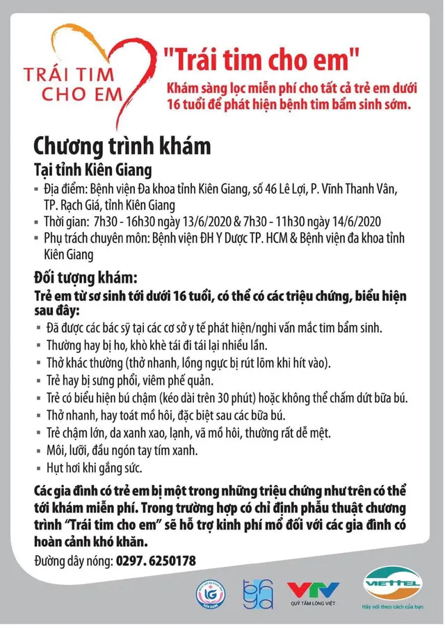 Trái tim cho em khám sàng lọc tim bẩm sinh miễn phí cho trẻ dưới 16 tuổi tại Kiên Giang - Ảnh 1.