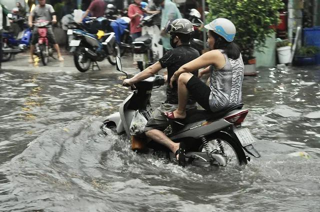 TP.HCM ngập sâu sau cơn mưa lớn, người xe bì bõm lội nước - Ảnh 2.