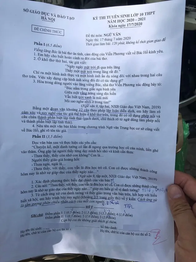 CHÍNH THỨC: Đề thi môn Ngữ văn vào lớp 10 THPT năm học 2020-2021 tại Hà Nội - Ảnh 1.