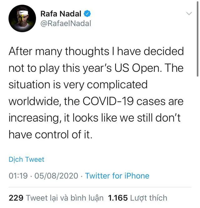 Nadal bỏ giải quần vợt Mỹ mở rộng 2020 vì lo ngại COVID-19 - Ảnh 1.