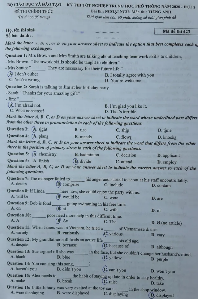 Đề thi Tiếng Anh tốt nghiệp THPT năm 2020 đợt 2 - Ảnh 1.