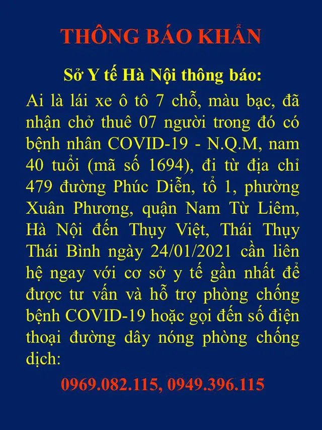 Thông báo tìm lái xe 7 chỗ chở BN1694 từ Hà Nội đến Thái Bình - Ảnh 1.