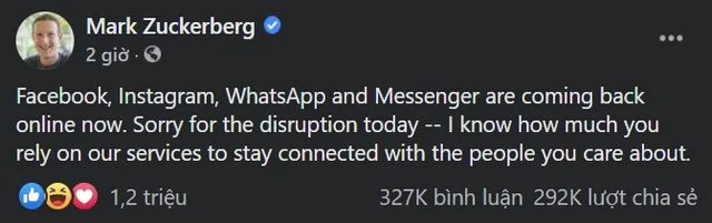 Facebook đã hoạt động bình thường, CEO Mark Zuckerberg lên tiếng xin lỗi - Ảnh 1.