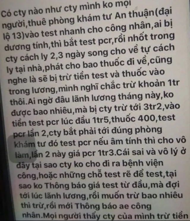 Làm rõ vụ công nhân bị trừ lương đến 4,5 triệu đồng tiền xét nghiệm COVID-19 - Ảnh 1.