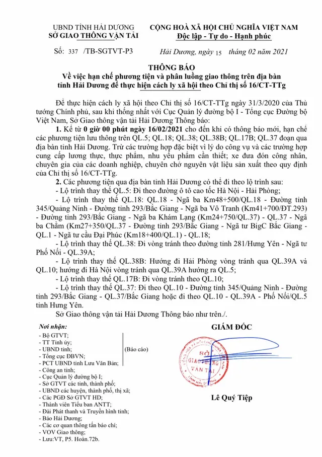 Hải Dương ra thông báo hạn chế phương tiện và phân luồng giao thông để phòng ngừa dịch lây lan  - Ảnh 1.