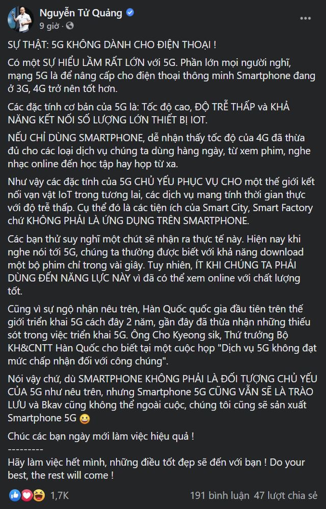 CEO Nguyễn Tử Quảng: 5G không dành cho điện thoại nhưng Bkav vẫn sản xuất smartphone 5G - Ảnh 1.