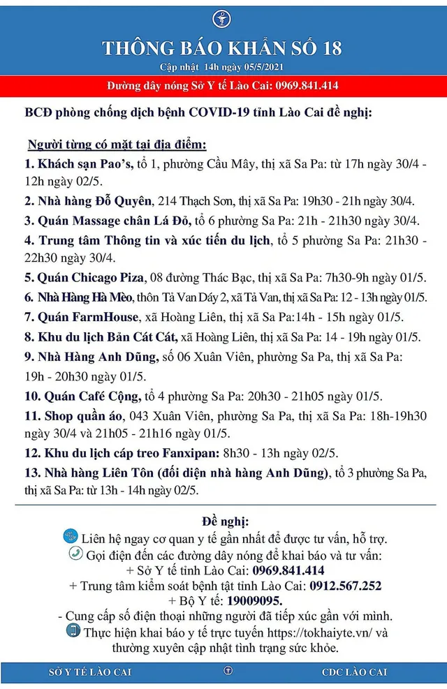 Lào Cai: Tìm người đến 13 địa điểm tại Sa Pa liên quan ca dương với SARS-CoV-2 - Ảnh 1. Lào Cai: Tìm người đến 13 địa điểm tại Sa Pa liên quan ca dương với SARS-CoV-2 - Ảnh 1.