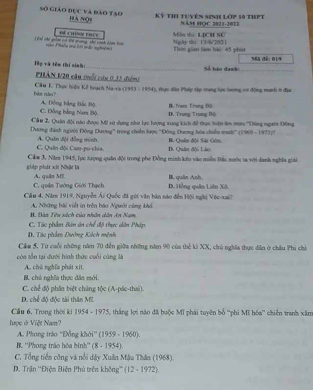 Gợi ý đáp án môn Lịch sử thi vào lớp 10 Hà Nội - Ảnh 1.