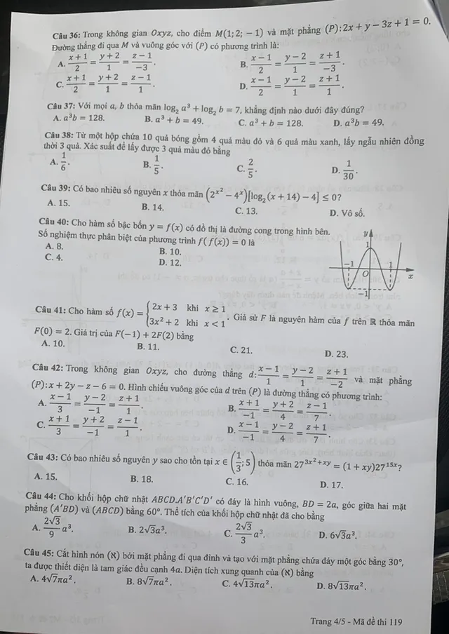Đề thi môn Toán kỳ thi tốt nghiệp THPT 2021 - Ảnh 4. Đề thi môn Toán kỳ thi tốt nghiệp THPT 2021 - Ảnh 4.