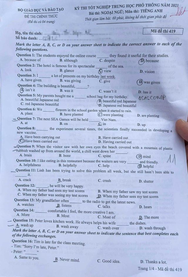 Đề thi môn Tiếng Anh tại Kỳ thi tốt nghiệp THPT năm 2021 - Ảnh 1.