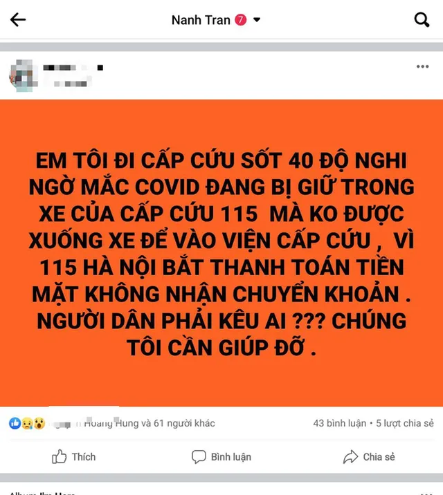 Bệnh nhân bức xúc vì quy định chỉ thu tiền mặt của Trung tâm cấp cứu 115 Hà Nội - Ảnh 1.