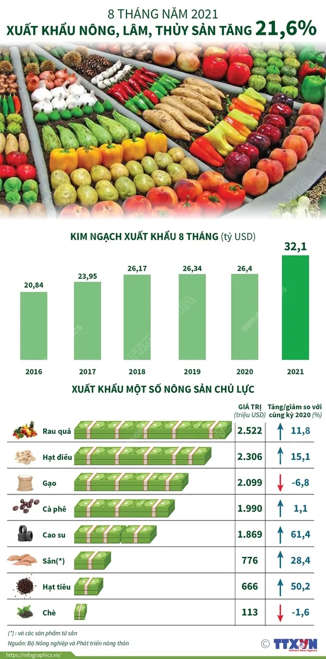 [INFOGRAPHIC] 8 tháng năm 2021: Xuất khẩu nông, lâm, thủy sản tăng 21,6% - Ảnh 1.