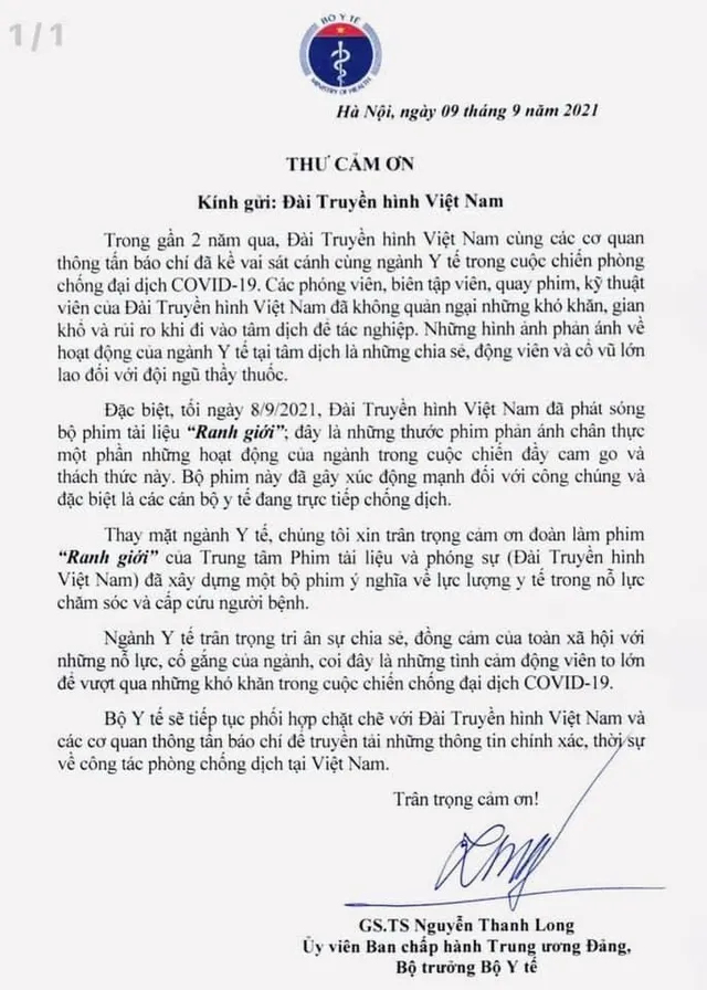Bộ trưởng Bộ Y tế gửi thư cảm ơn Đài Truyền hình Việt Nam với phim VTV Đặc biệt: Ranh giới - Ảnh 2. Bộ trưởng Bộ Y tế gửi thư cảm ơn Đài Truyền hình Việt Nam với phim VTV Đặc biệt: Ranh giới - Ảnh 2.