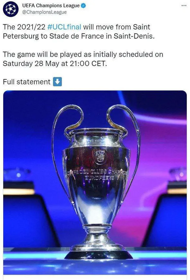 UEFA đổi địa điểm đá chung kết Champions League 2021/22 - Ảnh 1.