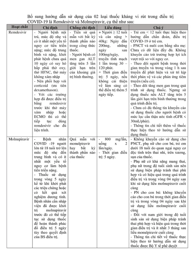 Bộ Y tế bổ sung hướng dẫn sử dụng thuốc Molnupiravir và Remdesivir điều trị COVID-19 - Ảnh 2.
