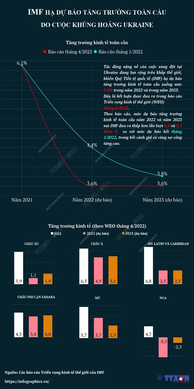 [INFOGRAPHIC] IMF hạ dự báo tăng trưởng toàn cầu do cuộc khủng hoảng Ukraine - Ảnh 1.