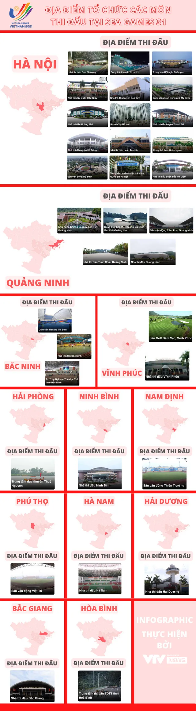 [Infographic] - Địa điểm tổ chức các môn thi đấu tại SEA Games 31 - Ảnh 1.