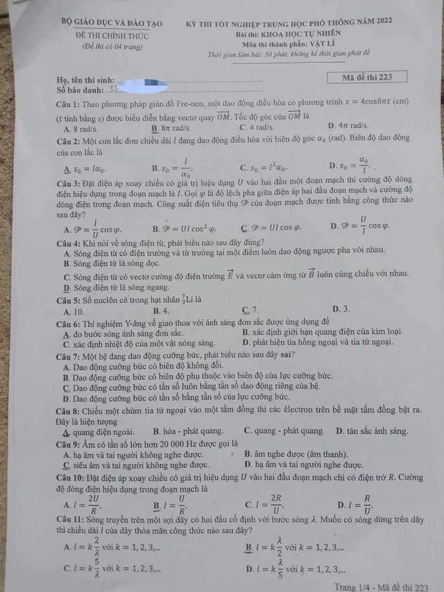 Đề thi môn Vật lý kỳ thi tốt nghiệp THPT 2022 - Ảnh 1.