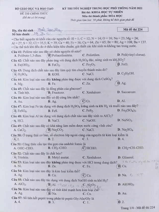 Gợi ý đáp án môn Hóa học tốt nghiệp THPT 2022 - Ảnh 1.