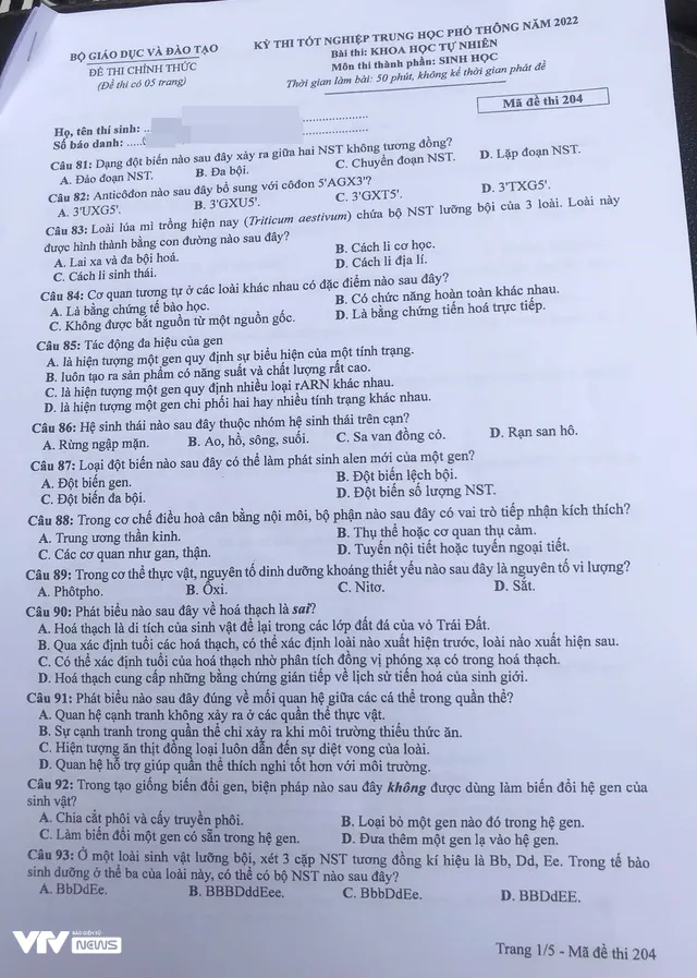 Đề thi môn Sinh học kỳ thi tốt nghiệp THPT 2022 - Ảnh 1.