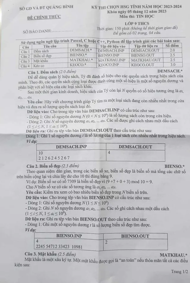Sai sót tromg đề thi học sinh giỏi lớp 9 môn Tin học ở Quảng Bình? - Ảnh 1.