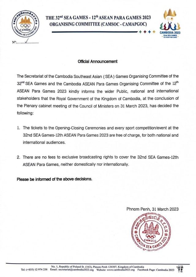 SEA Games 32: Chủ nhà Campuchia không thu phí bản quyền truyền thông   - Ảnh 1.