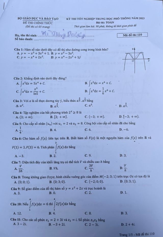 CHÍNH THỨC: Đề thi Toán tốt nghiệp THPT 2023 - Ảnh 11.