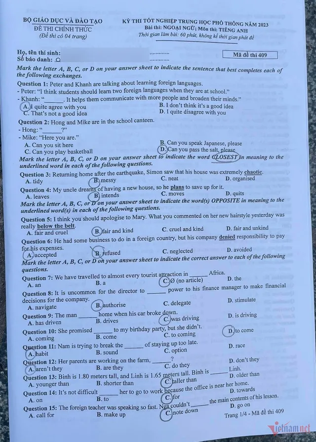 Gợi ý đáp án môn Tiếng Anh thi tốt nghiệp THPT 2023 - Ảnh 1.
