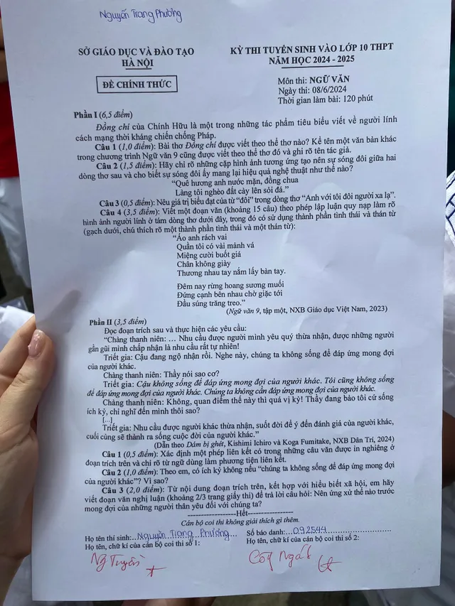 Đồng chí vào đề thi lớp 10 môn Ngữ văn của Hà Nội năm 2024 - Ảnh 1.