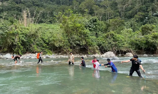 Crossing the stream to admire the Ta Giang grassland  - Ảnh 1.