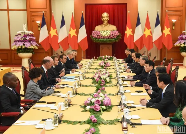 In Pictures: Vietnamese Party chief receives French President Emmanuel Macron - Ảnh 3.