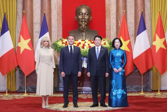 Welcome ceremony held for French President in Ha Noi - Ảnh 1.