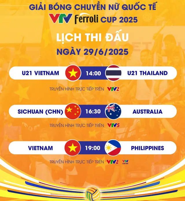 Lịch thi đấu và trực tiếp VTV Ferroli Cup 2025 ngày 29/6: Tuyển Việt Nam gặp Philippines, U21 Thái Lan đối đầu U21 Việt Nam

- Ảnh 1.